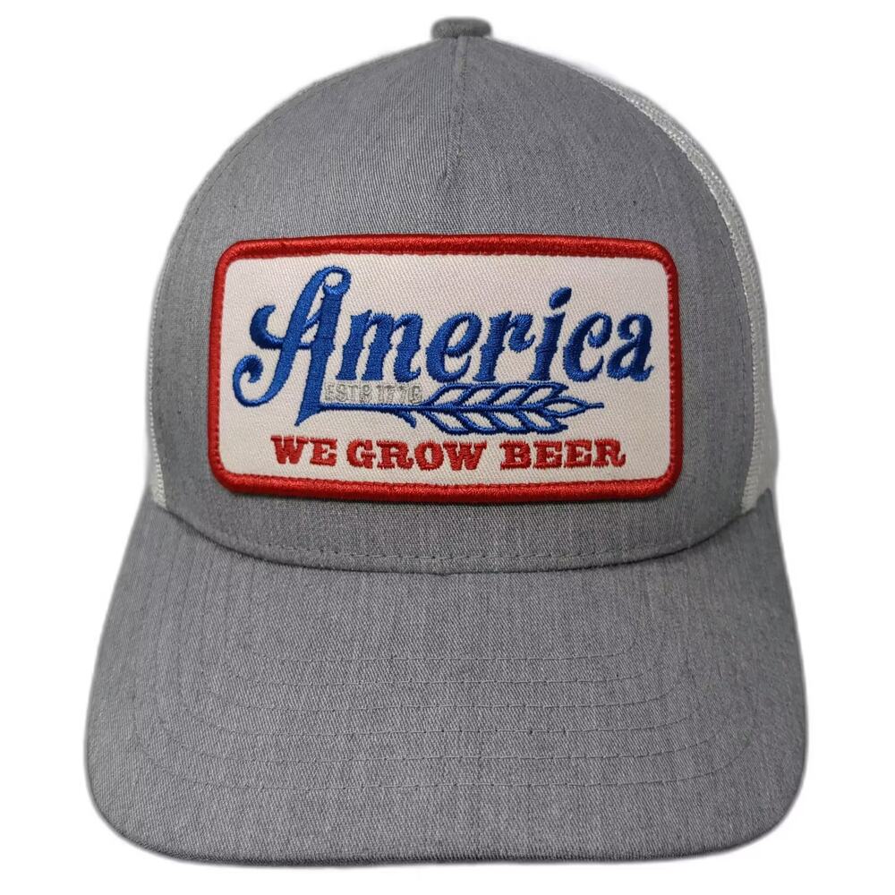 Rural Cloth America We Grow Beer Trucker Hat Gray White One Size Snapback Patch